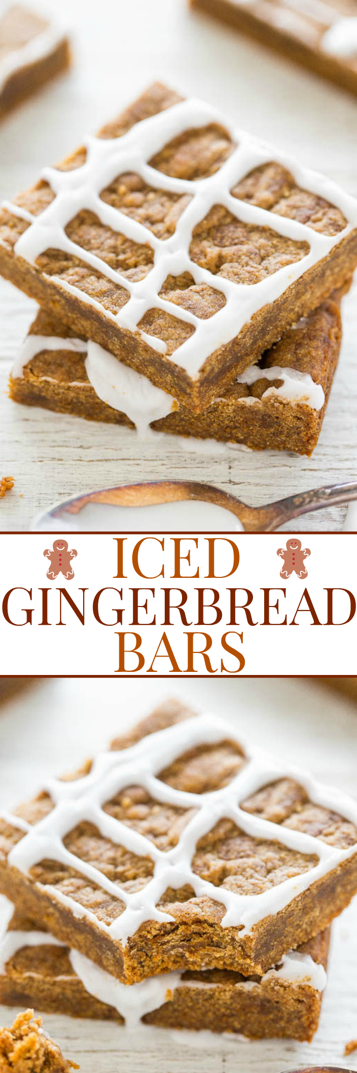 Iced Gingerbread Bars - Soft, chewy bars that are full of rich gingery molasses flavor!! Wayyyy faster and easier than rolling out gingerbread cookies! No mixer, no fuss, and the sweet icing seals the deal!!