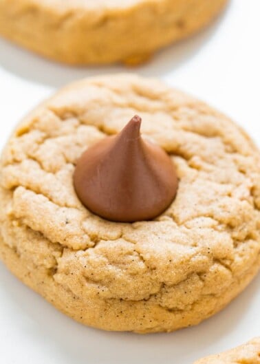 Peanut butter cookie with a chocolate kiss in the center.