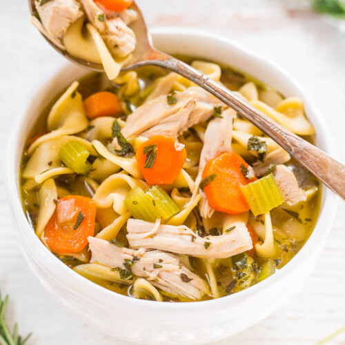 Bowl of chicken noodle soup with vegetables and a spoon.