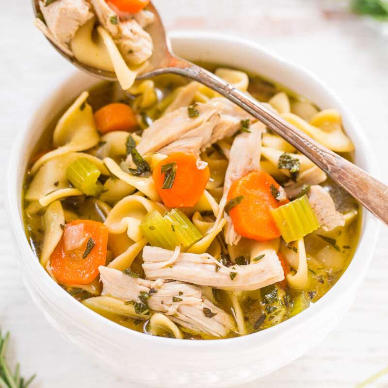 Bowl of chicken noodle soup with vegetables and a spoon.