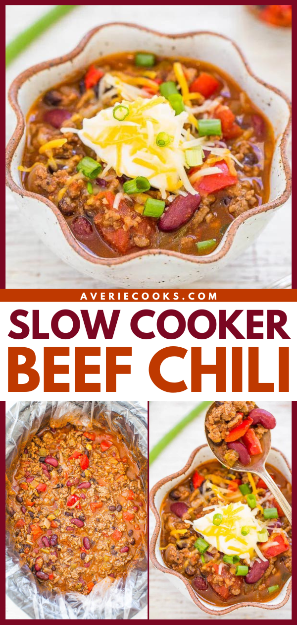 Slow Cooker Beef Chili — Easy, hearty comfort food that’s packed with flavor that develops beautifully as the beef chili simmers away in your slow cooker!