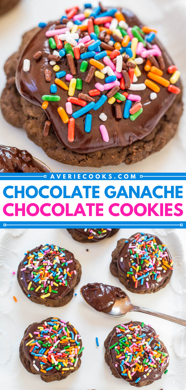 Frosted Triple Chocolate Cookies — A chocaholic's DREAM! Soft chocolate cookies with chocolate chips, cocoa, and topped with fudgy chocolate ganache!! Rich, decadent, and heavenly!!