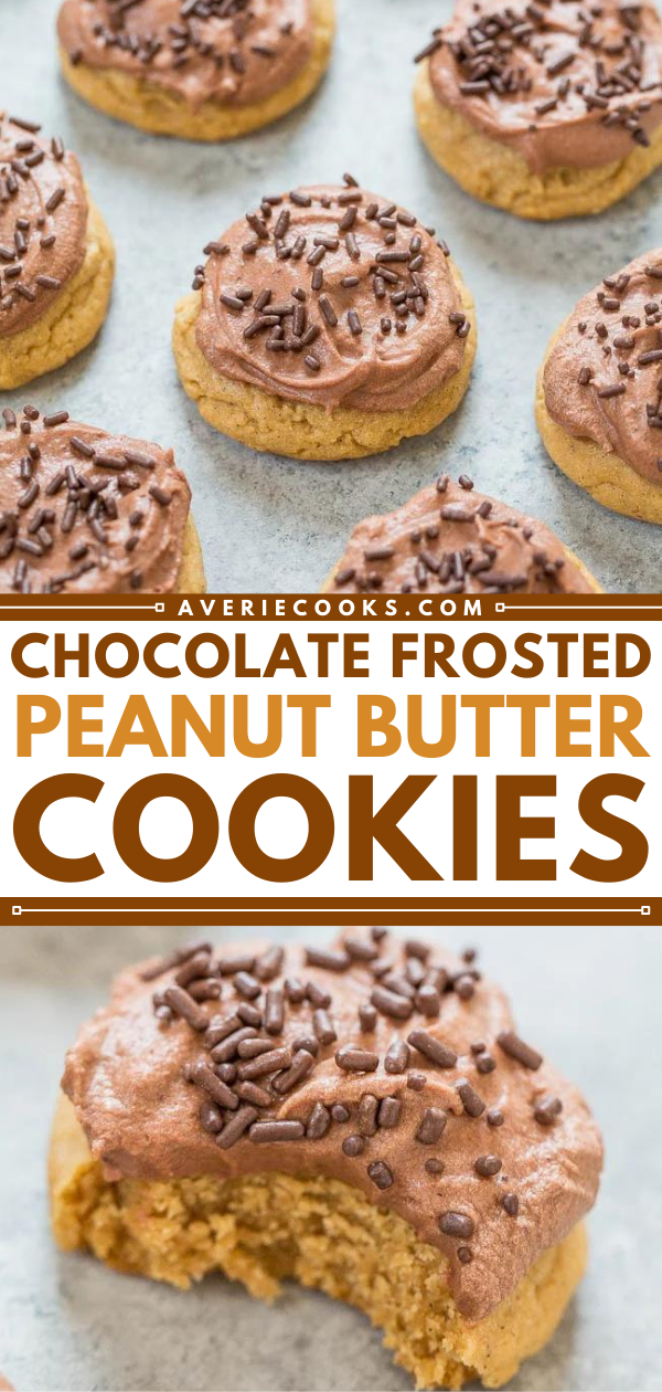 Frosted Chewy Peanut Butter Cookies — Easy, soft, and chewy cookies that are full of rich peanut butter flavor!! The frosting is light, fluffy, AMAZING, and my new favorite! You'll want to eat it by the spoonful!!