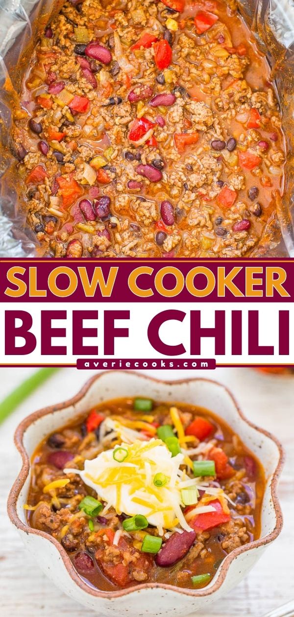 Slow Cooker Beef Chili — Easy, hearty comfort food that’s packed with flavor that develops beautifully as the beef chili simmers away in your slow cooker!