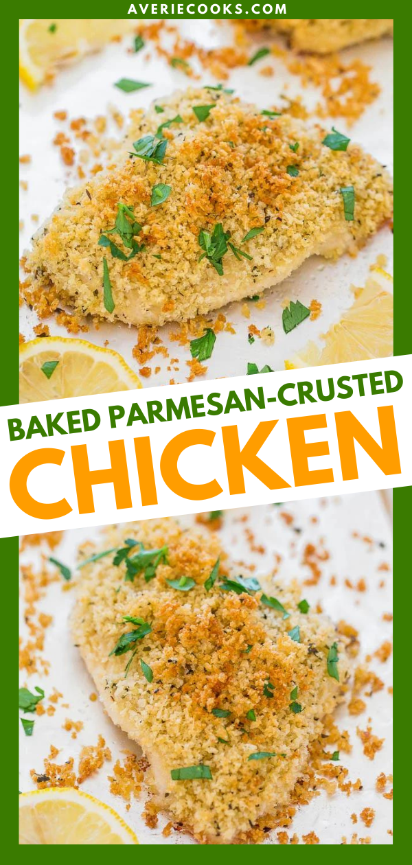 Baked Panko Chicken with Parmesan — Tastes like it's been deep fried, but it hasn't! Even better, it's ready in under 30 minutes and is easy to whip up at the last minute!