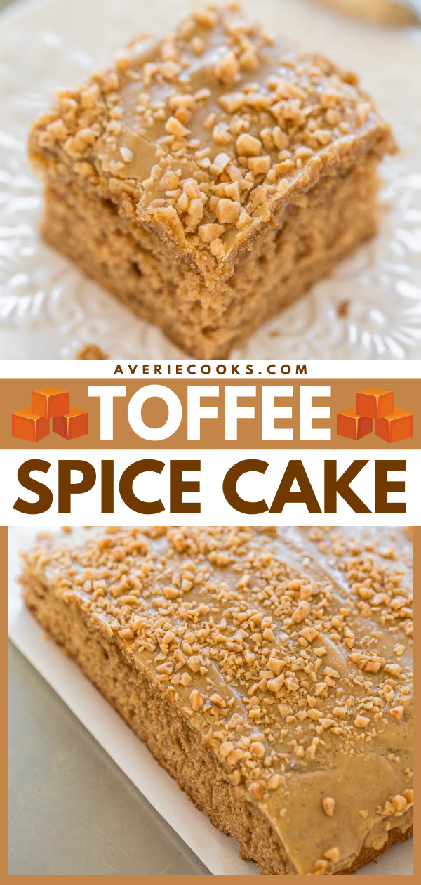 Spiced Toffee Cake with Brown Sugar Frosting — Looking for recipes using spice cake mix? Make this spiced toffee cake! It's an EASY, soft, and fluffy spice cake with toffee bits inside and on top!! The frosting is AMAZING and takes this cake over the top!!
