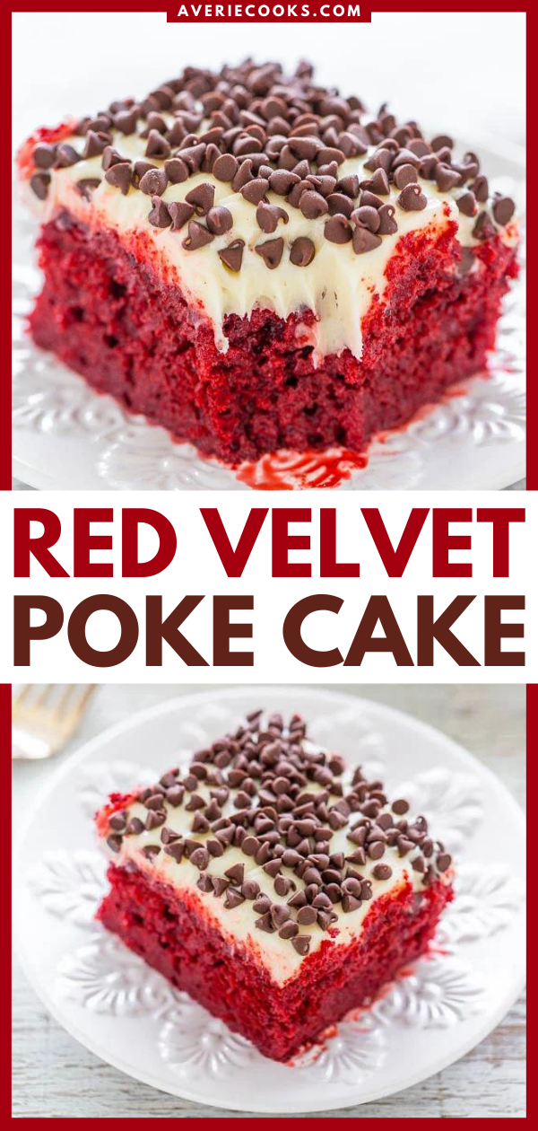 Red Velvet Poke Cake with Cream Cheese Frosting — If you like red velvet, you're going to LOVE this EASY red velvet cake recipe!! Super soft, moist, topped with luscious cream cheese frosting and chocolate chips! Perfect for holidays and special events!!