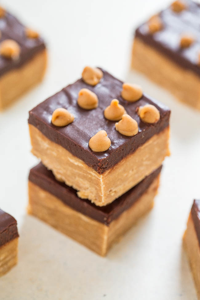 two buckeye fudge slices stacked on top of each other 
