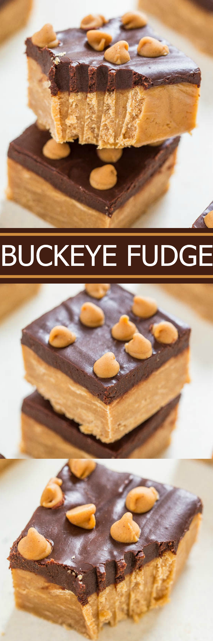 Buckeye Fudge - EASY, no-cook, no-fuss, FOOLPROOF fudge that's ready in 1 hour!! Dense, chewy and full of rich peanut butter flavor with a smooth, fudgy chocolate topping! It's irresistible!!