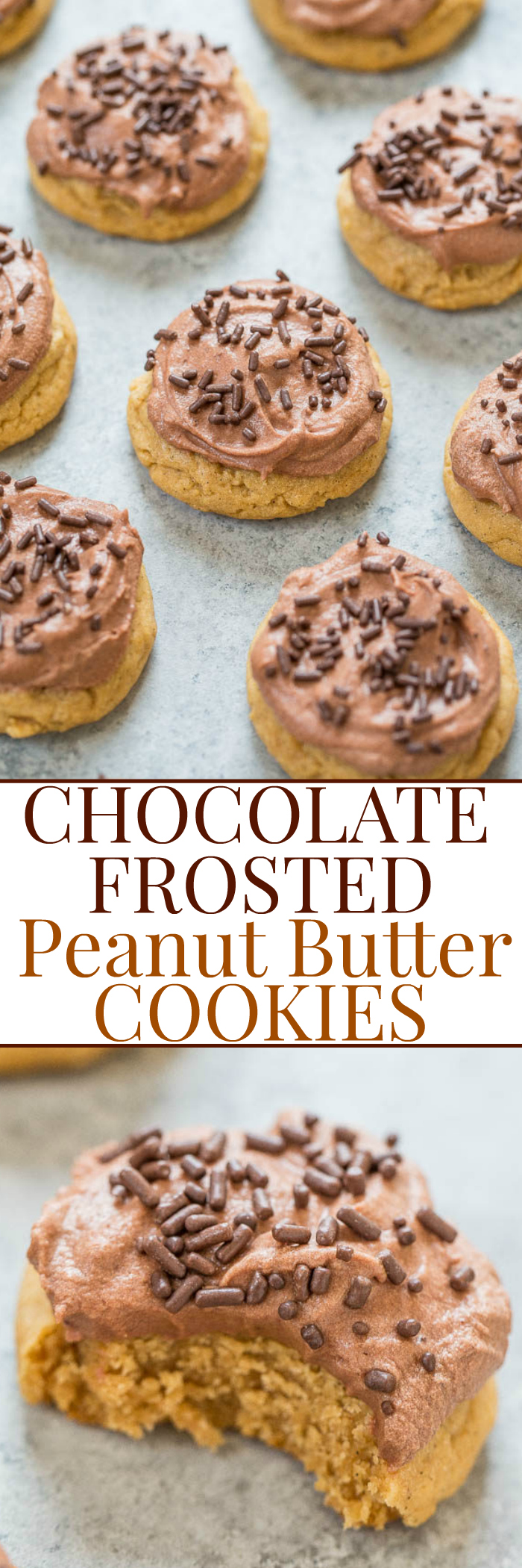 Chocolate Frosted Peanut Butter Cookies - Easy, soft, and chewy cookies that are full of rich peanut butter flavor!! The frosting is light, fluffy, AMAZING, and my new favorite! You'll want to eat it by the spoonful!! 