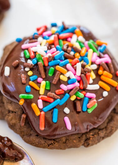 A chocolate cookie topped with chocolate icing and colorful sprinkles.