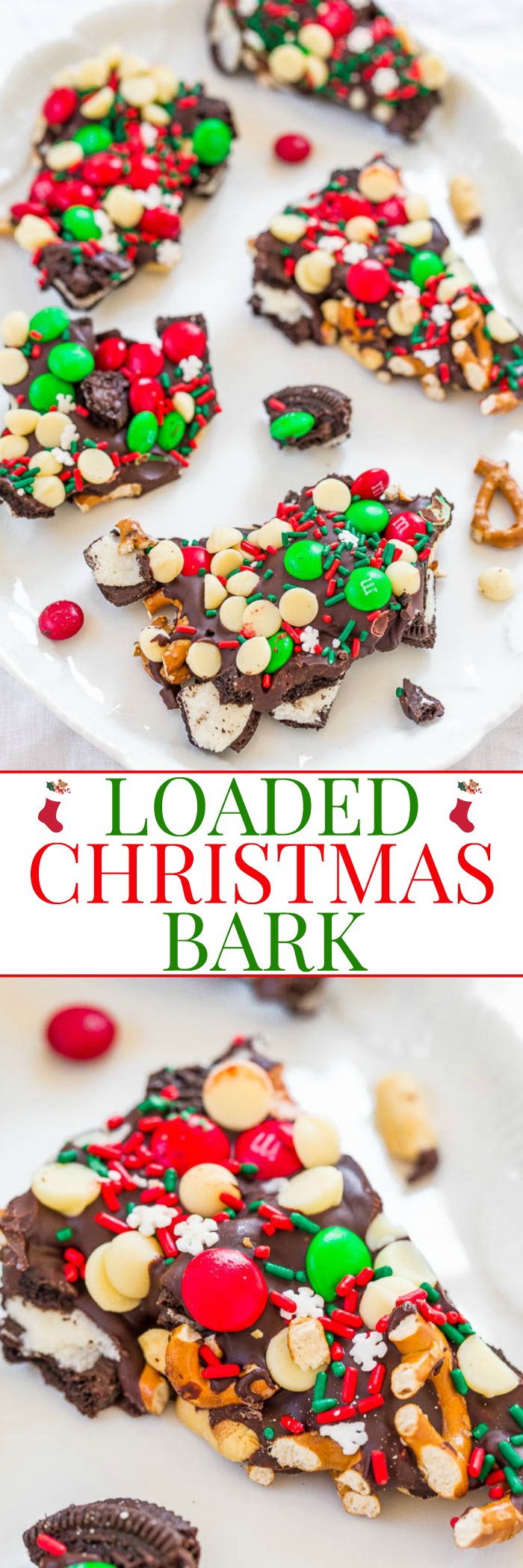 Loaded Christmas Bark - This EASY, no-bake chocolate bark is LOADED with goodies!! Oreos, M&M's, peanuts, pretzels, and sprinkles! Great for holiday parties and cookie exchanges! Salty, sweet, and addictively good!!