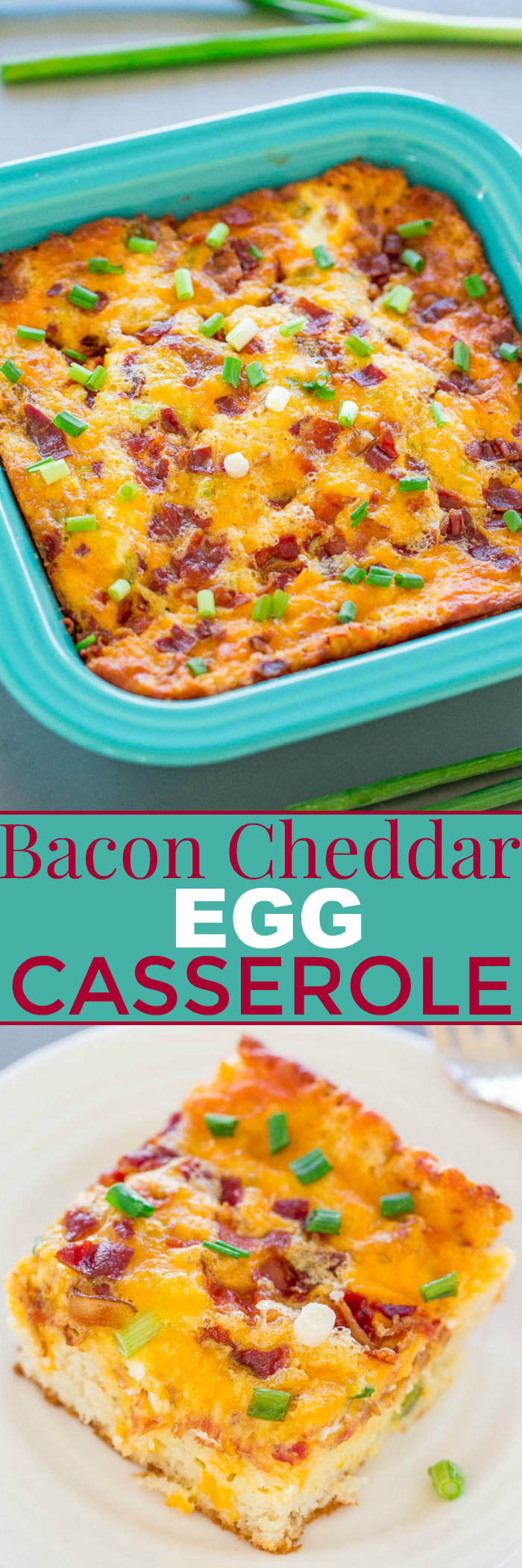 Bacon Cheddar Egg Casserole - Crisp bacon, melted cheese, and green onions add so much FLAVOR!! Hearty but stays perfectly light thanks to a secret ingredient! EASY and perfect for breakfast, lazy brunches, or breakfast-for-dinner!!