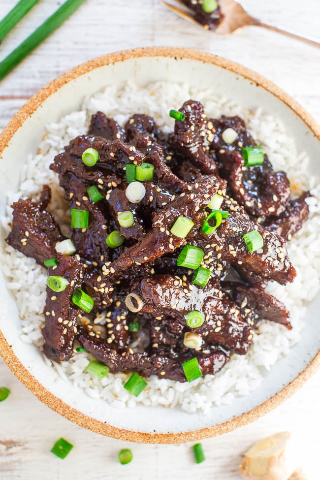 P.F. Change's Mongolian Beef over white rice in large bowl