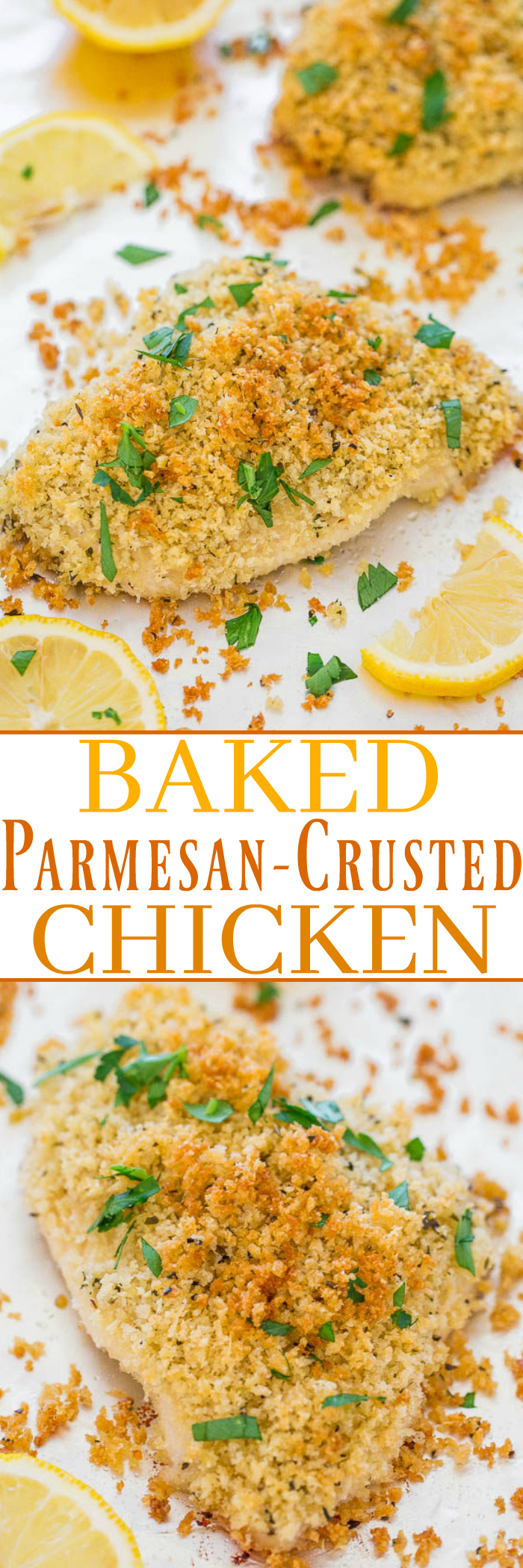 Baked Panko Chicken with Parmesan — Tastes like it's been deep fried, but it hasn't! Even better, it's ready in under 30 minutes and is easy to whip up at the last minute!