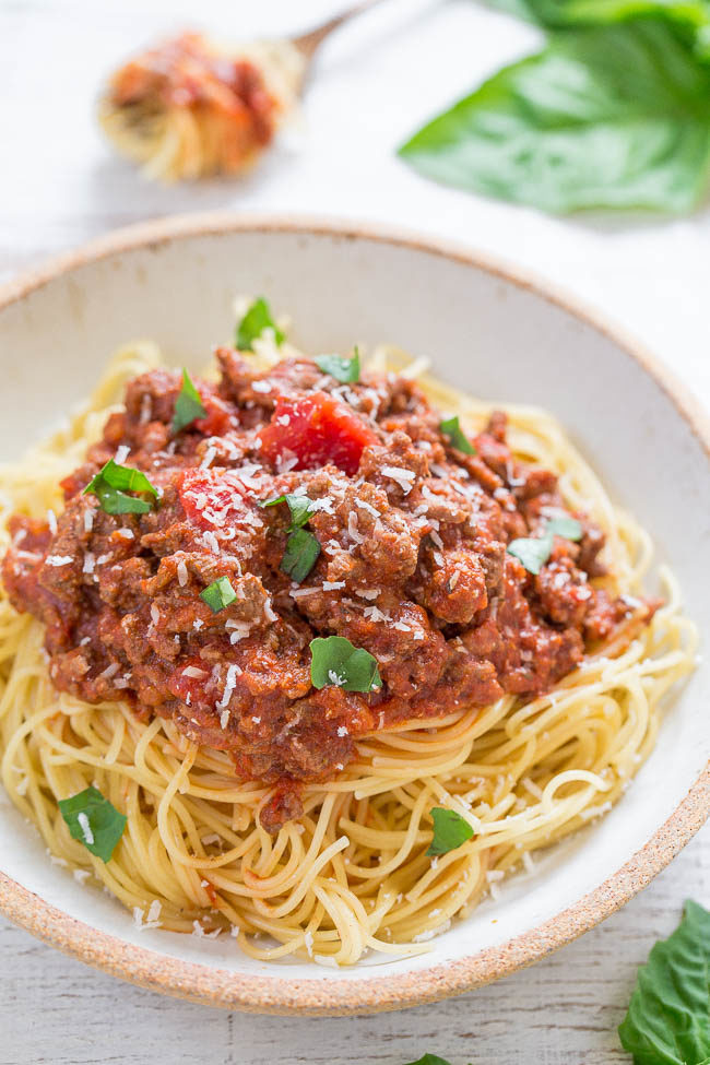 15-Minute Easy Spaghetti in a white bowl