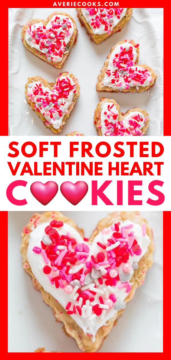 Frosted Heart Cookies — These heart cookies are soft, chewy, dense, made in one bowl, and you don’t have to roll them out. The easiest Valentine's Day sugar cookies ever!
