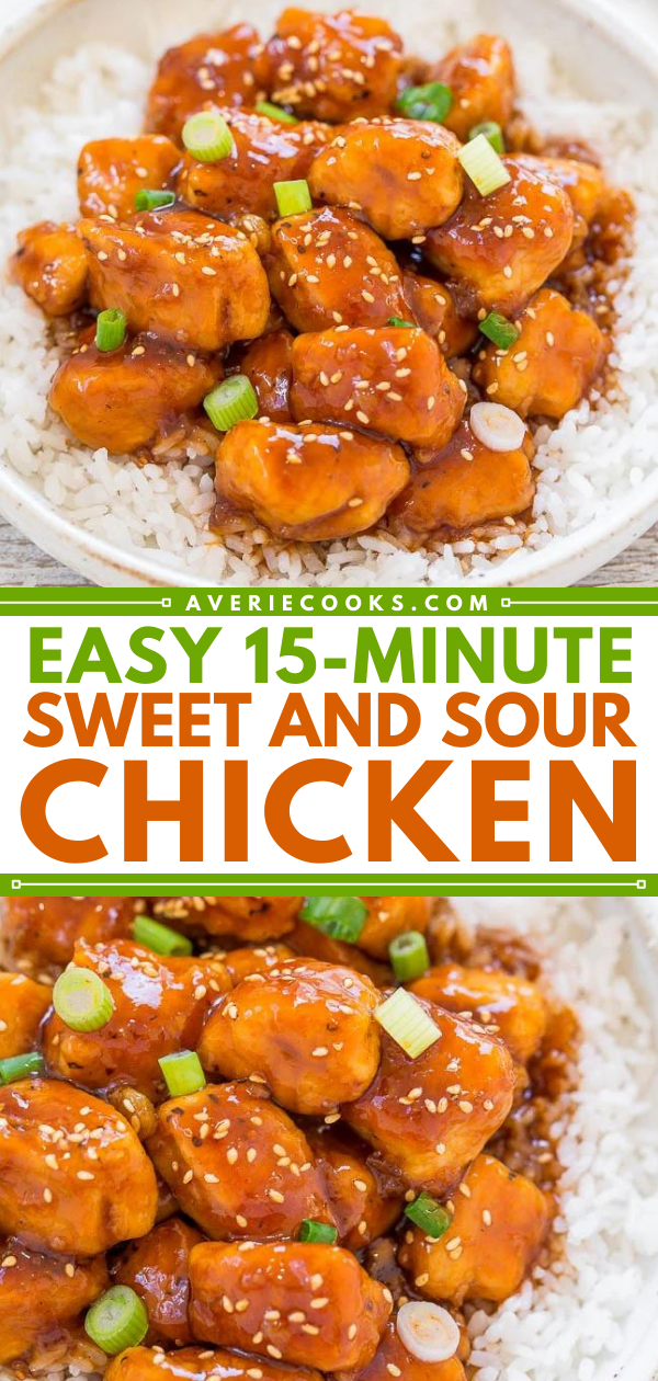 Chinese Sweet and Sour Chicken — This sweet and sour chicken recipe takes just 15 minutes to make and tastes way better than takeout. Perfect for a weeknight dinner!