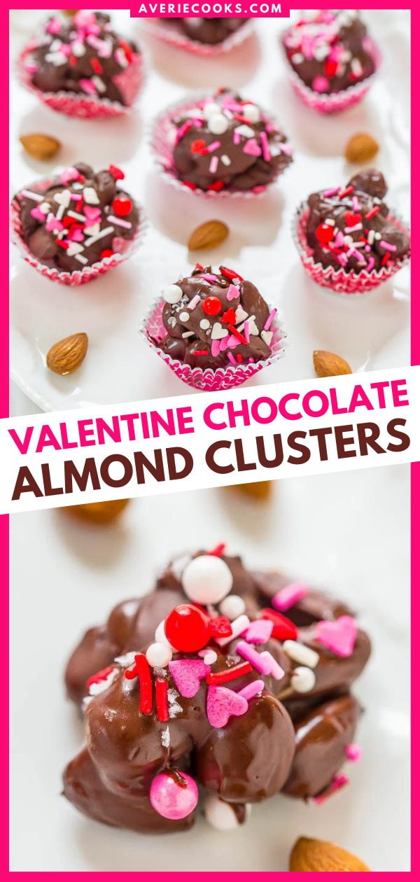 Valentine Chocolate Almond Clusters — You don't need a box of chocolates for Valentine's Day when you can have these!! Easy, no-bake, ready in 15 minutes, and homemade always tastes better!!