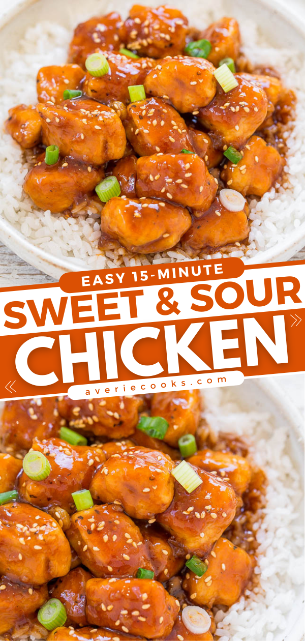 Chinese Sweet and Sour Chicken — This sweet and sour chicken recipe takes just 15 minutes to make and tastes way better than takeout. Perfect for a weeknight dinner!