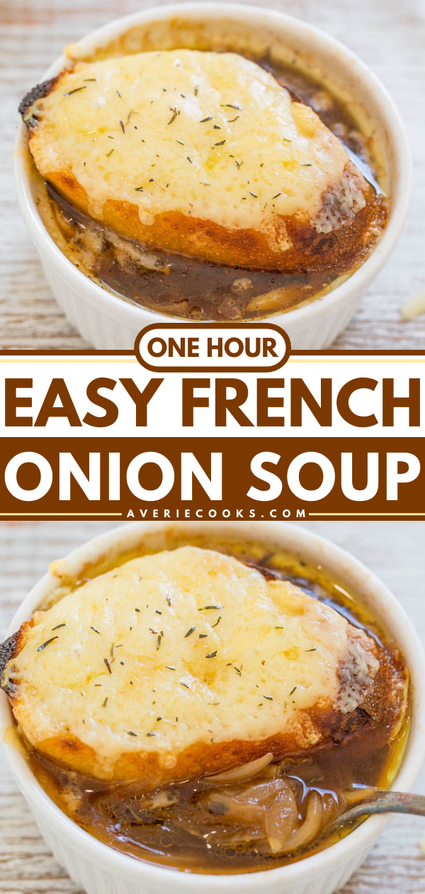 One-Hour French Onion Soup — This easy French onion soup recipe is ready in one hour. The broth has rich flavor, the onions are perfectly caramelized, and that cheese is heavenly.