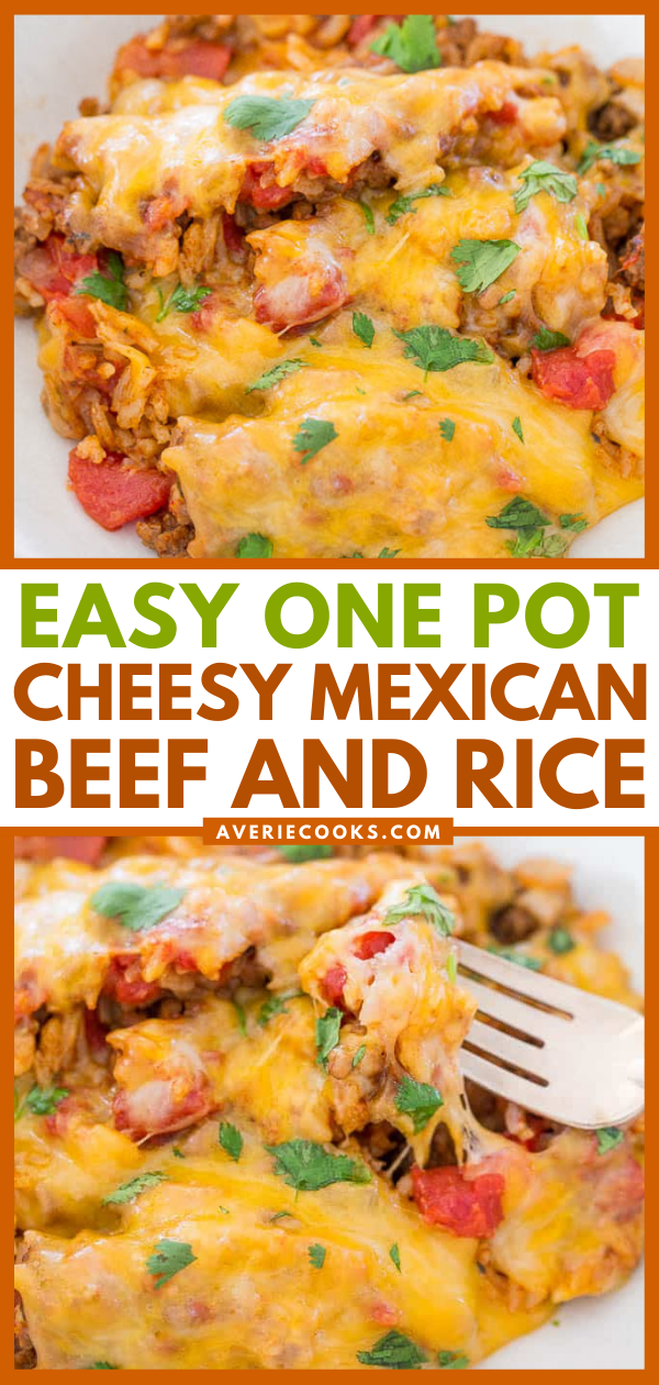 One-Pot Cheesy Mexican Ground Beef and Rice — All your favorite burrito ingredients minus the wrap!! Made in one skillet, ready in 30 minutes, and so EASY! Hearty comfort food that's packed with bold Mexican flavors!!