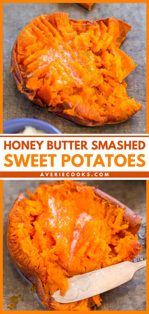 Honey Butter Smashed Sweet Potatoes — Soft, tender potatoes with crispy skin and the most HEAVENLY melted honey butter on top!! EASY comfort food that's a perfect side dish anytime!!