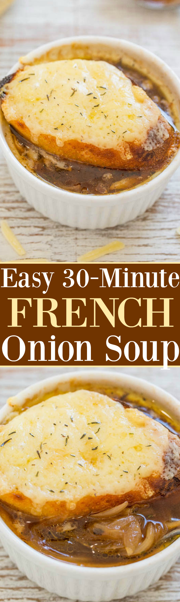 Two picture collage of french onion soup with graphic title