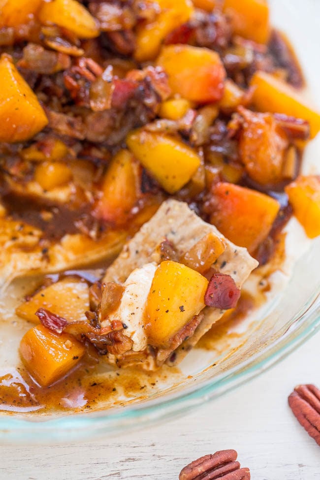 Sweet Georgia Peach and Pecan Dip - Peaches, onions, bacon, and pecans mixed with a brown sugar bourbon marinade and added to cream cheese!! Sweet, savory, tangy! Great for parties or game day events!!