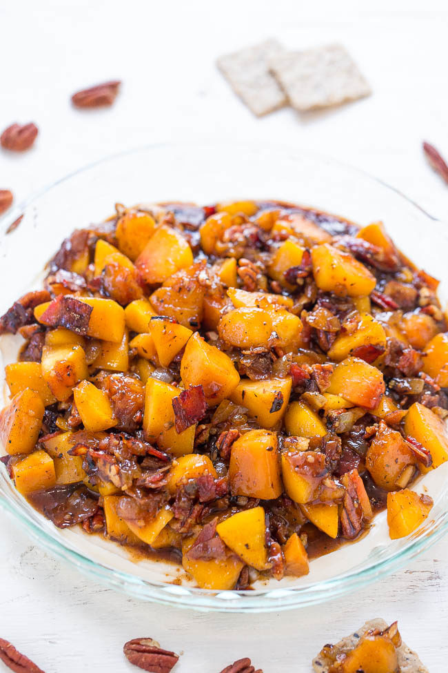 Sweet Georgia Peach and Pecan Dip - Peaches, onions, bacon, and pecans mixed with a brown sugar bourbon marinade and added to cream cheese!! Sweet, savory, tangy! Great for parties or game day events!!