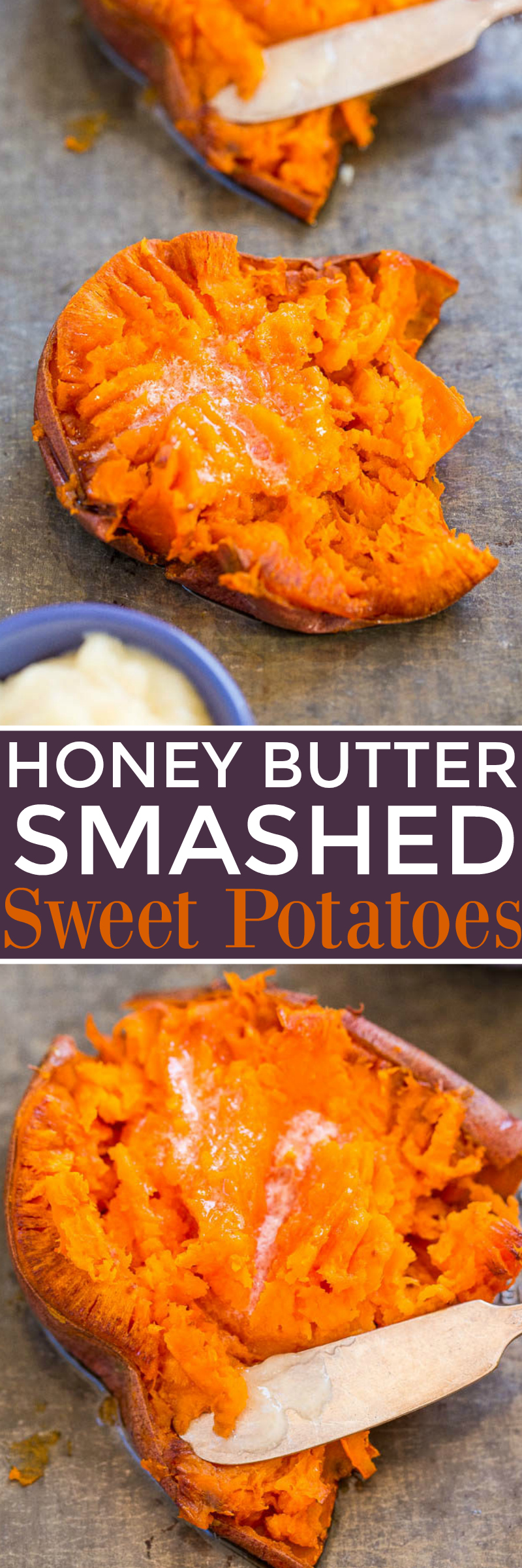 Honey Butter Smashed Sweet Potatoes - Soft, tender potatoes with crispy skin and the most HEAVENLY melted honey butter on top!! EASY comfort food that's a perfect side dish anytime!!