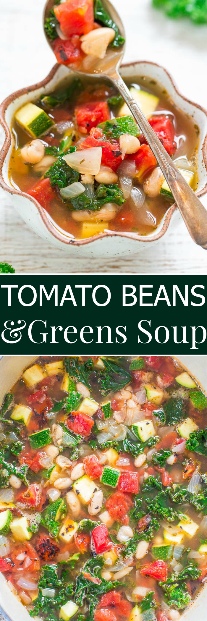 Tomato, Beans, and Greens Soup - Trying to eat healthier? You're going to love this EASY, hearty, HEALTHY soup that's ready in 30 minutes and full of flavor and texture from the veggies!! 