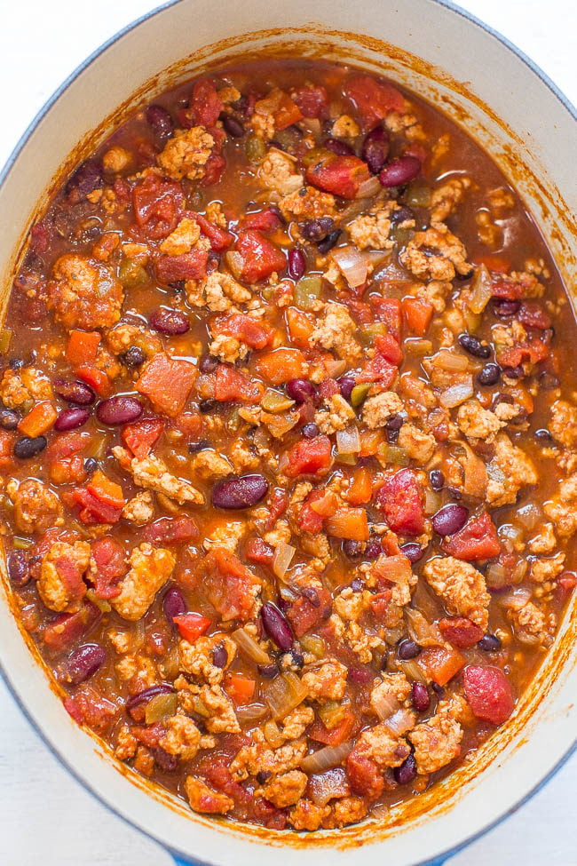 Easy 30-Minute Turkey Chili - Don't have all day for chili to simmer? No problem! This EASY, hearty, healthy chili is ready in 30 minutes and it's full of FLAVOR!! Perfect for busy weeknights!!