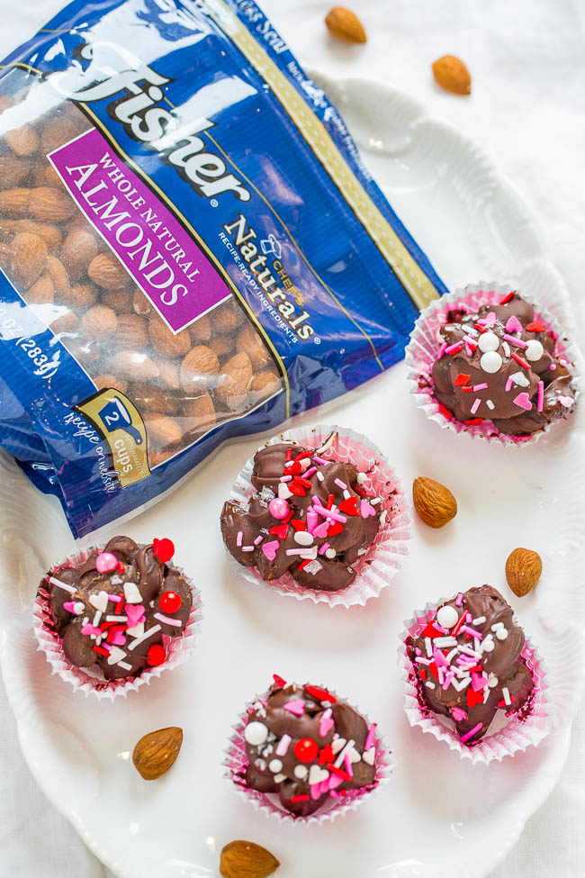 Valentine Chocolate Almond Clusters - You don't need a box of chocolates for Valentine's Day when you can have these!! Easy, no-bake, ready in 15 minutes, and homemade always tastes better!!
