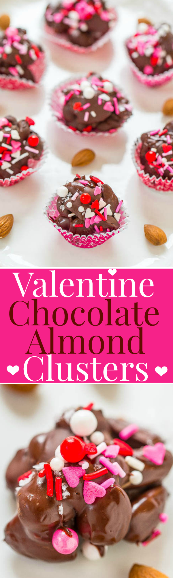 Two picture collage of Valentine chocolate almond clusters with graphic