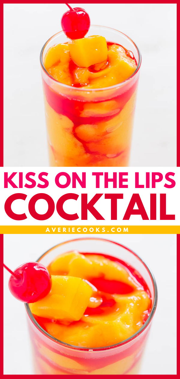 Kiss On The Lips Cocktail — Frozen mango, rum, vodka, peach schnapps, and a KISS of drizzled grenadine!! Fruity, tropical, and they go down way too easily!!