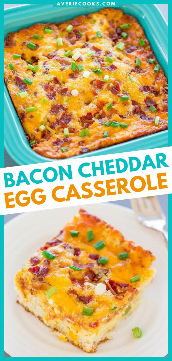 Cheesy Egg Casserole with Bacon — Loaded with green onions and cheddar cheese, this egg casserole with bacon is a great recipe to have on hand for holiday brunches! 