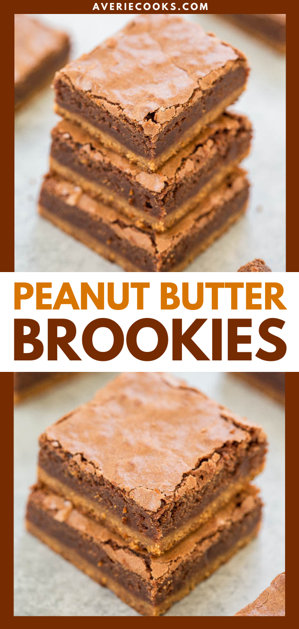 Peanut Butter Brookies — These brookies are soft and chewy, with peanut butter and chocolate married together in every bite. All you need is two bowls, and no mixer is required!