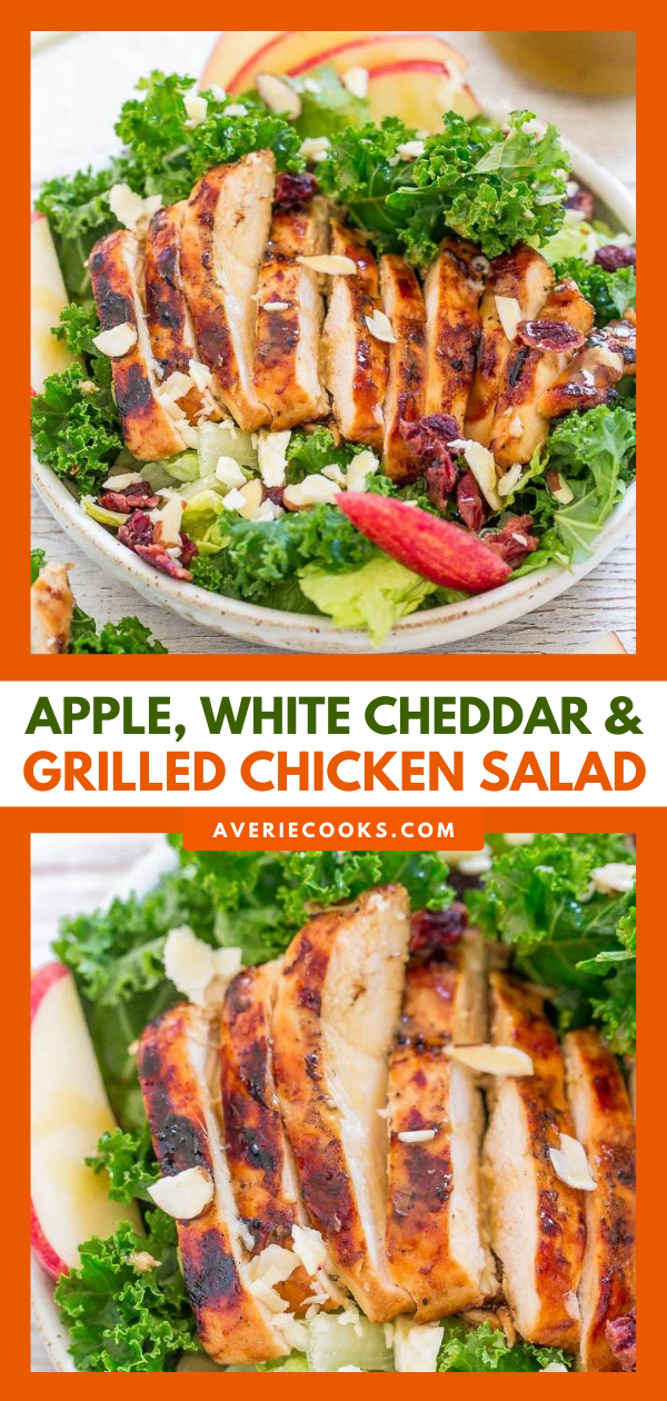 Apple, White Cheddar, & Grilled Chicken Salad — All the flavors just POP in this fast, easy, and healthy salad!! The Honey-Apple Cider Vinaigrette doubles as marinade + salad dressing to save time!!