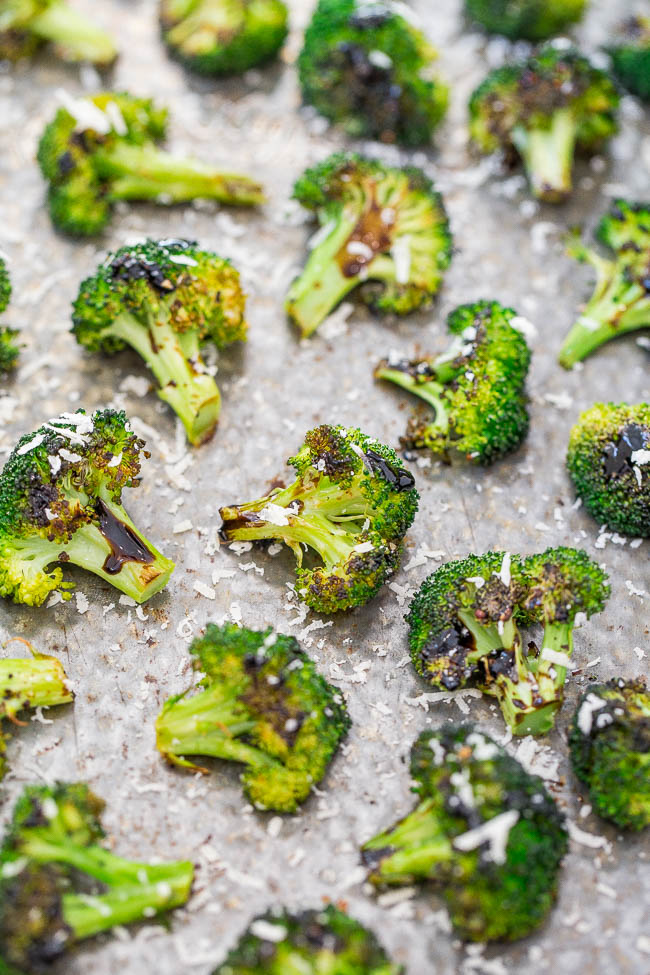 Roasted Balsamic Broccoli with Parmesan — Even people who don't like to eat their veggies will LOVE broccoli prepared this way!! Easy, healthy, and full of flavor from the balsamic and Parmesan!!