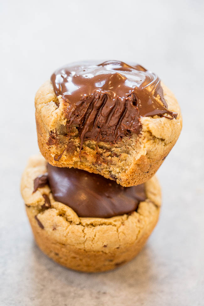 A stack of Chocolate Lava Chocolate Chip Cookie Cups