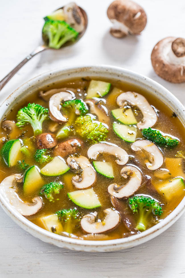 Easy 30-Minute Mushroom Vegetable Soup - Healthy, light yet satisfying, and full of rich savory flavor!! An Asian-inspired twist on vegetable soup that you'll LOVE!!