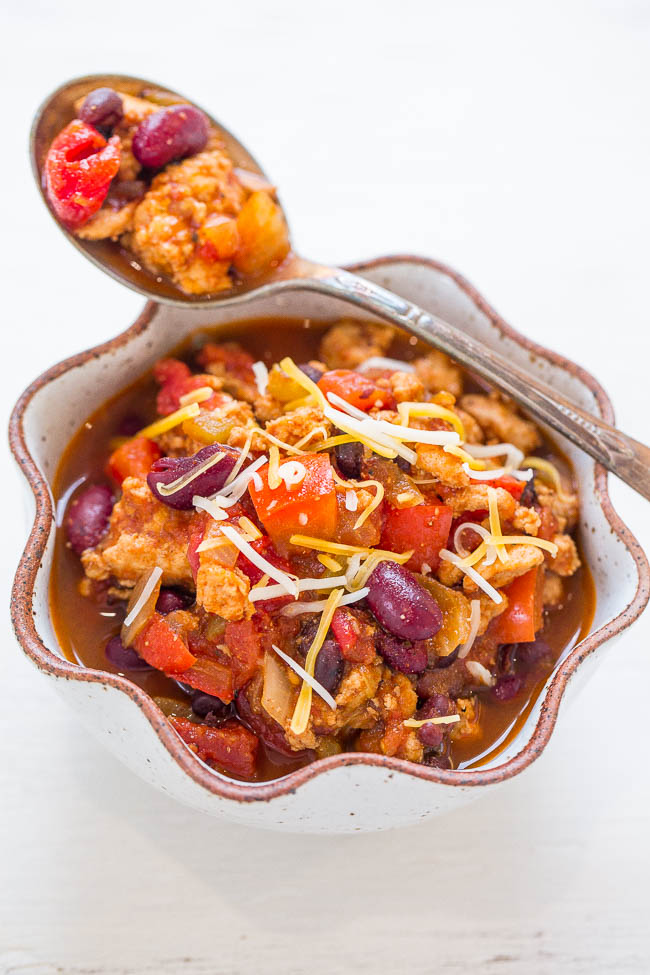 bowl of healthy turkey chili with spoon resting on top
