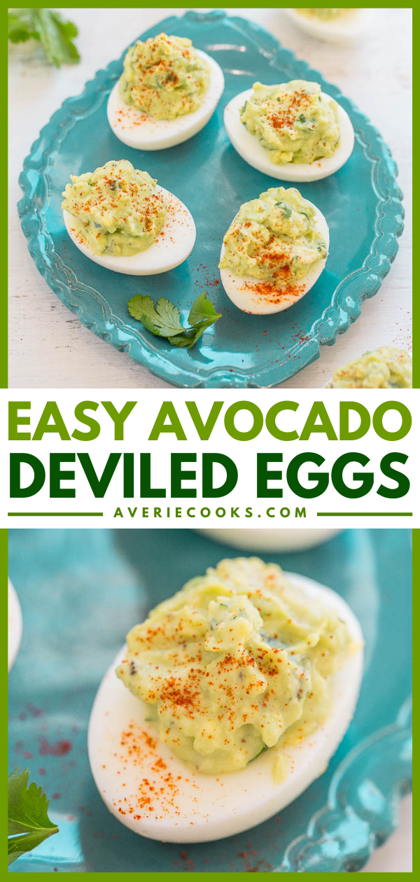 Avocado Deviled Eggs — A GUACAMOLE-inspired filling jazzes up regular deviled eggs and makes them addictively good!! EASY, tasty, and a perfect little snack or party appetizer!!