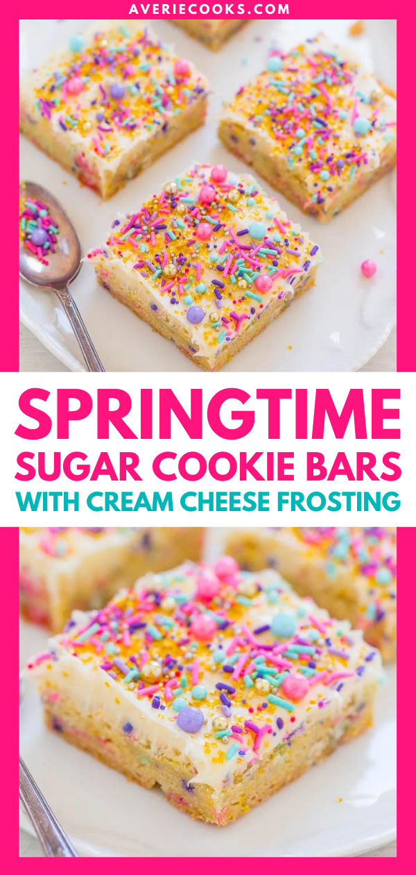 Springtime Sugar Cookie Bars with Cream Cheese Frosting — Sugar cookies in bar form with SPRINKLES galore!! FAST, EASY and yummy! Great for springtime, Easter, Mother's Day, showers, and parties!!