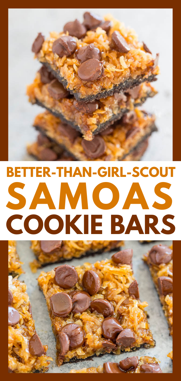 Better-Than-Girl-Scout Samoas Cookie Bars — Resembles Samoas but BETTER!! These coconut caramel cookie bars feature an Oreo crust topped with coconut, chocolate chips, and drenched in salted caramel!! Chewy, rich, decadent, and EASY!!