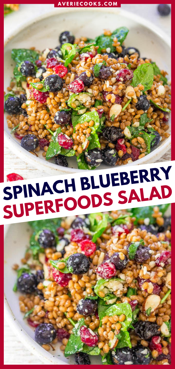 Spinach Blueberry Superfoods Salad - So many textures and flavors in this hearty salad filled with SUPERFOODS!! Spinach, blueberries, dried cranberries, almonds, and more! EASY, satisfying, healthy, and tastes amazing!! 