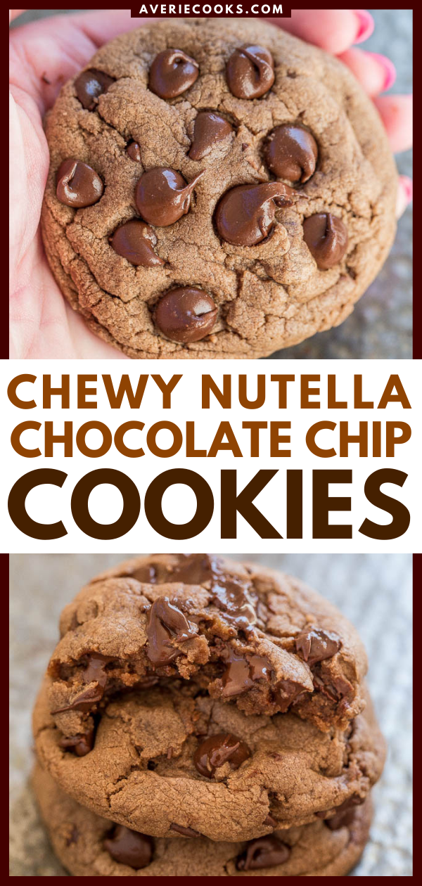 Soft and Chewy Nutella Chocolate Chip Cookies — Pillowy SOFT thanks to the NUTELLA and loaded with chocolate in every bite!! EASY cookies you have to make!!