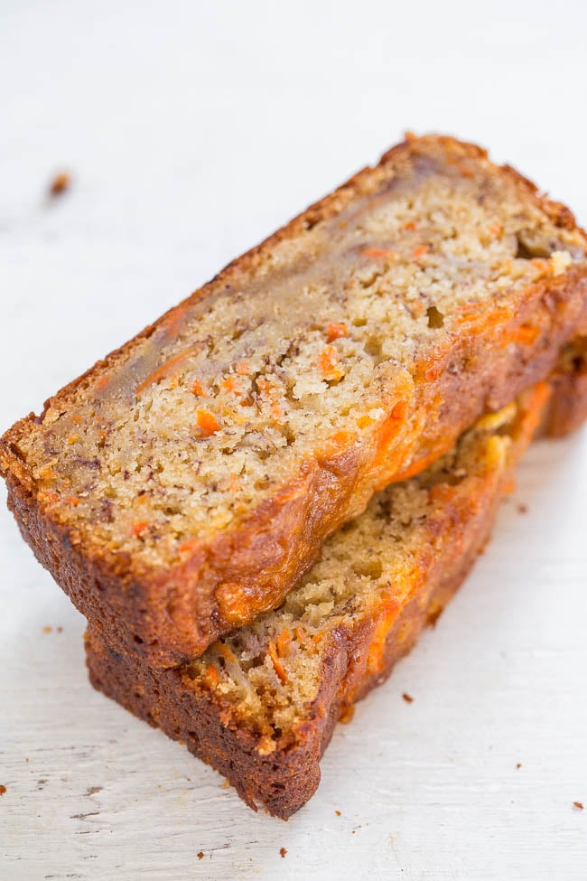 Banana Carrot Bread — EASY, no-mixer, super soft banana carrot bread that reminds me of carrot cake but healthier!! Great Easter brunch idea or spring baked good!