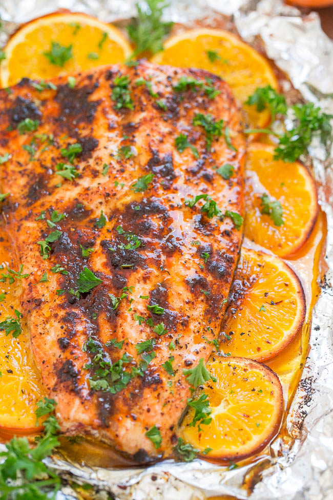 Sheet Pan Orange Chili Salmon - Make restaurant-quality salmon at home in 30 minutes!! EASY and packed with so much FLAVOR from orange juice, honey, and chili seasoning!! 